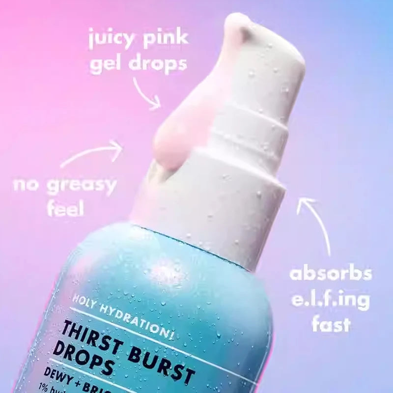 e.l.f. Holy Hydration Thirst Burst Drops showing pink gel texture and blue hydrating serum bottle against pink backdrop.