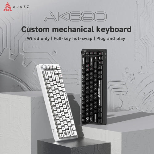 AJAZZ AK690 65% wired mechanical keyboards in black and white, featuring 68 keys, hot-swap, and a volume knob.