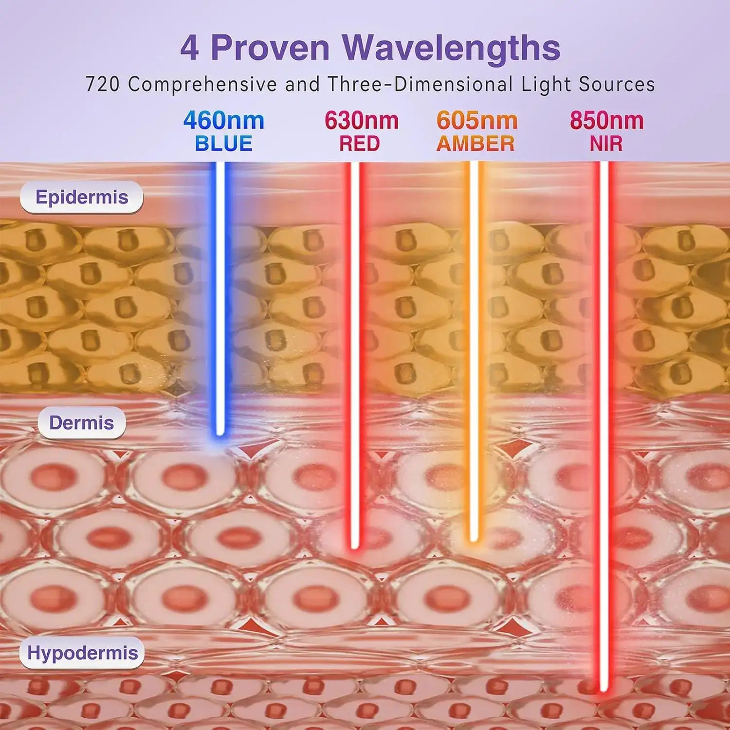 Diagram showing blue, red, amber, and NIR light wavelengths penetrating skin layers: epidermis, dermis, and hypodermis.