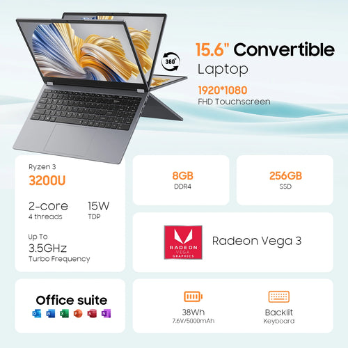 Grey 15.6-inch 2-in-1 touchscreen laptop with 360-degree hinge, black keyboard, and slim screen bezels.