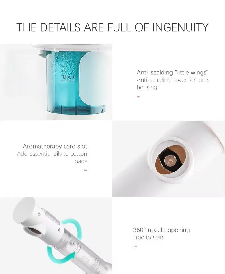 White facial steamer with water tank, aromatherapy slot, and 360-degree adjustable nozzle for deep pore cleansing.