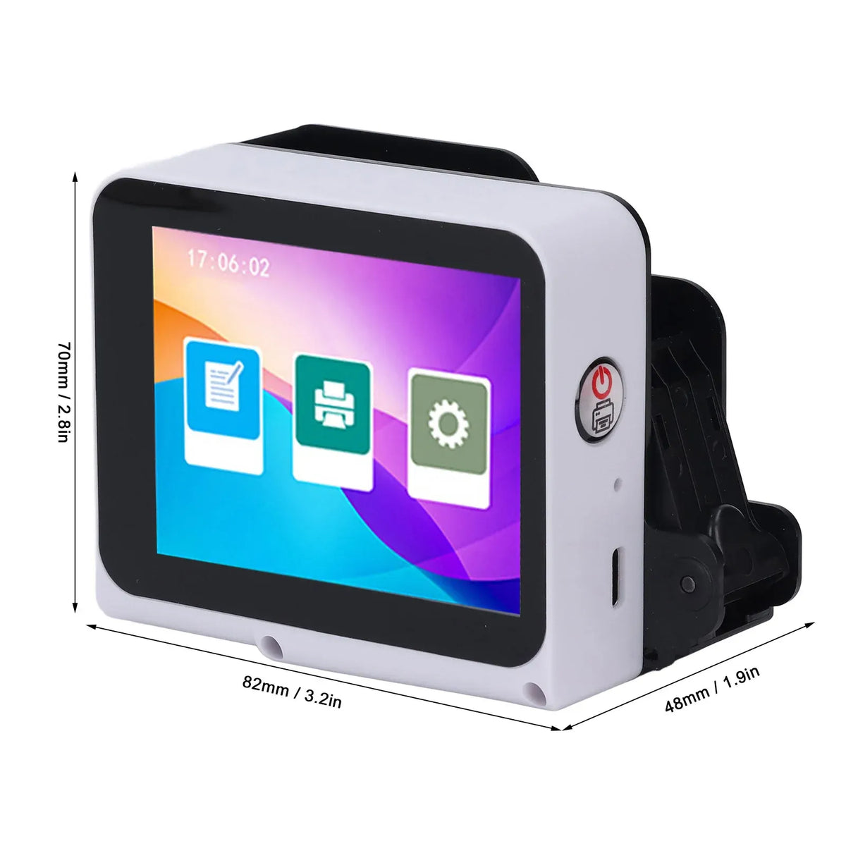 Handheld inkjet printer with front touchscreen display and mounted print head