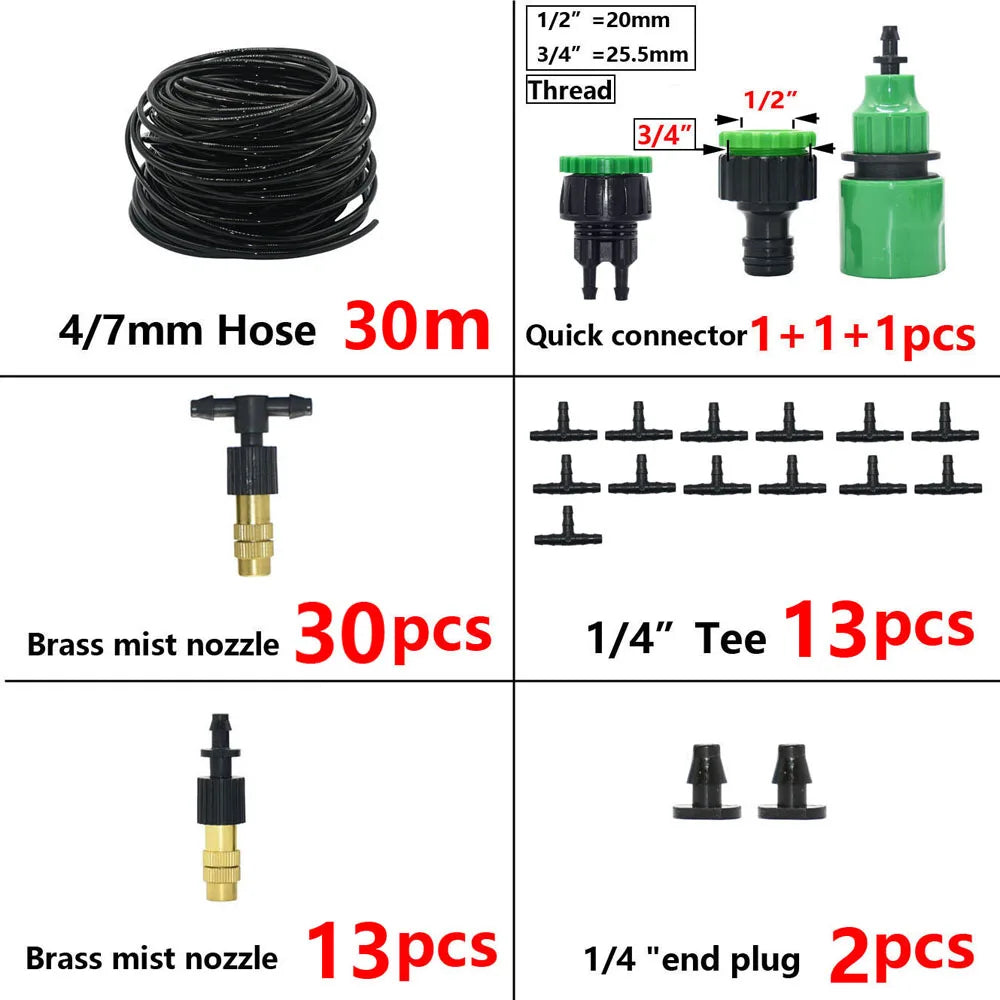 5M-30M Outdoor Misting Cooling System Garden Irrigation Watering 1/4'' Brass Atomizer Nozzles 4/7mm Hose for Patio Greenhouse