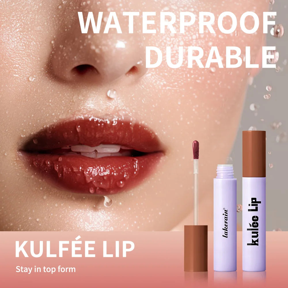 Kulfée long-lasting lip stain oil in deep red. Moisturizing, non-sticky glossy lip makeup with applicator wand.