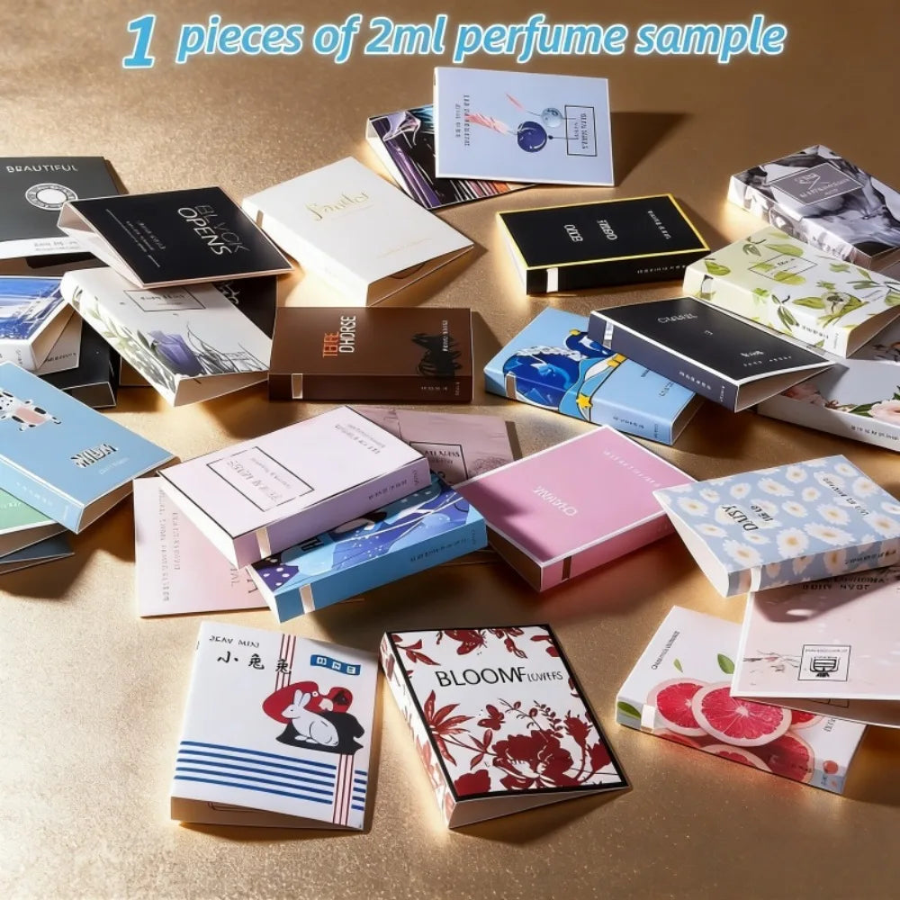 2ml sample set: Unisex Arabic perfume collection, diverse floral and woody scents in boxed luxury fragrance trial vials.