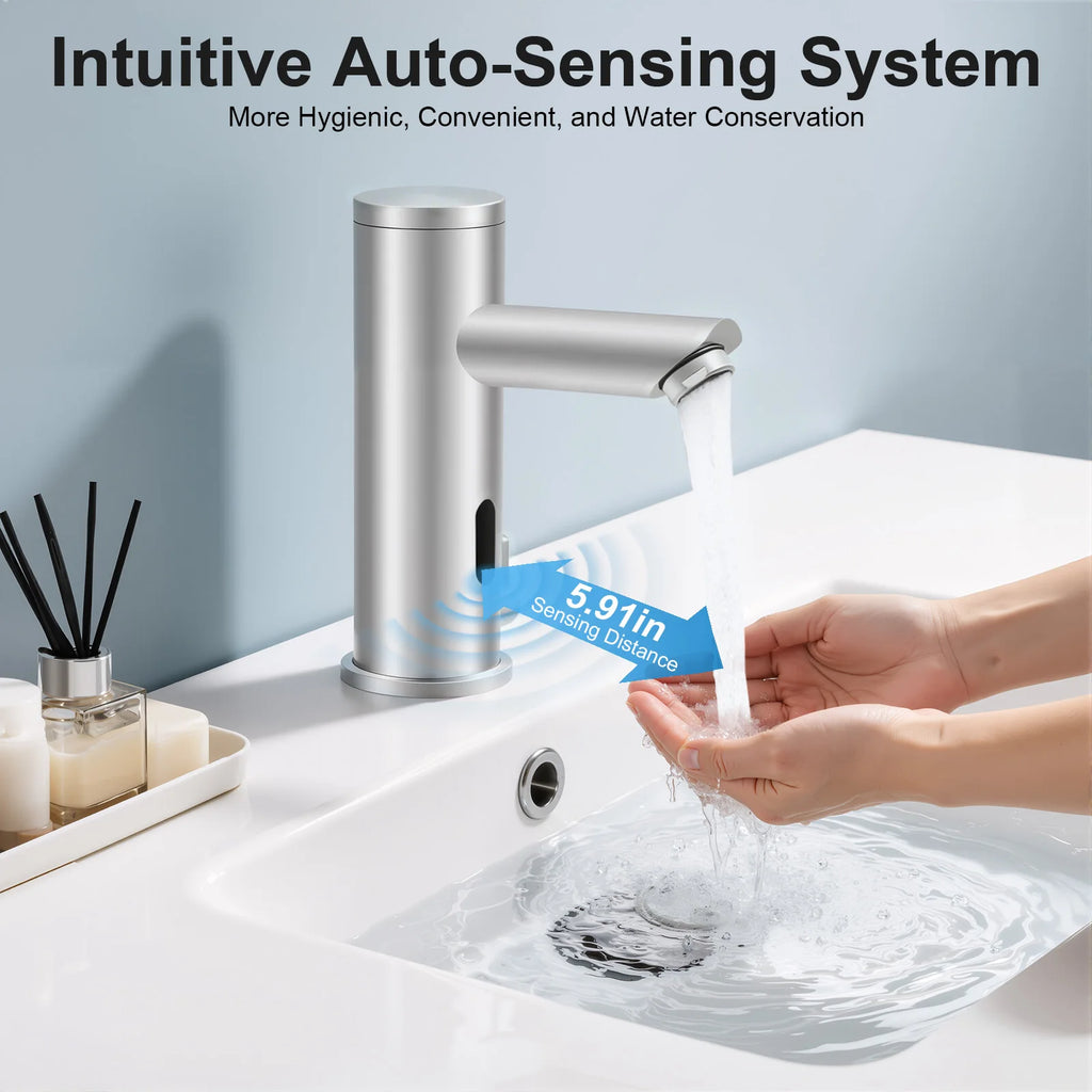 Compact Hot Cold Touchless Sensor Faucet, 304 Stainless Steel Automatic Infrared Sensor Tap, DC 6V Power Supply, Water Temperature Range 0–55°C , for Bathroom Sink, Hotel, Hospital, Office