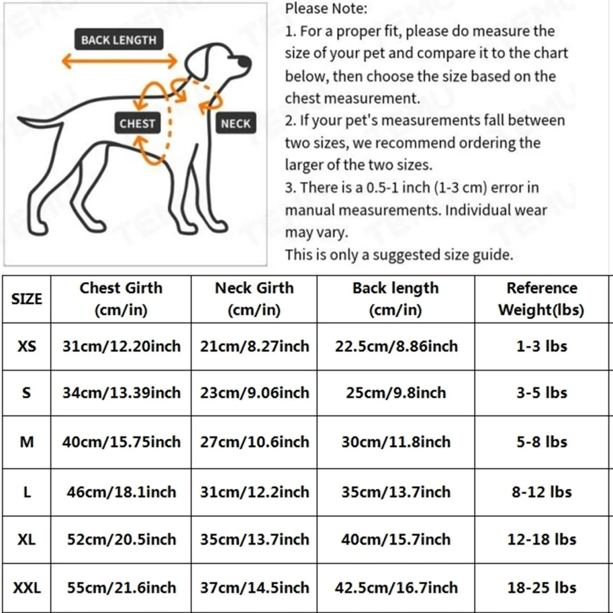 Size chart for breathable summer pet clothing, showing measurement guide for small dogs and cats to ensure perfect fit.