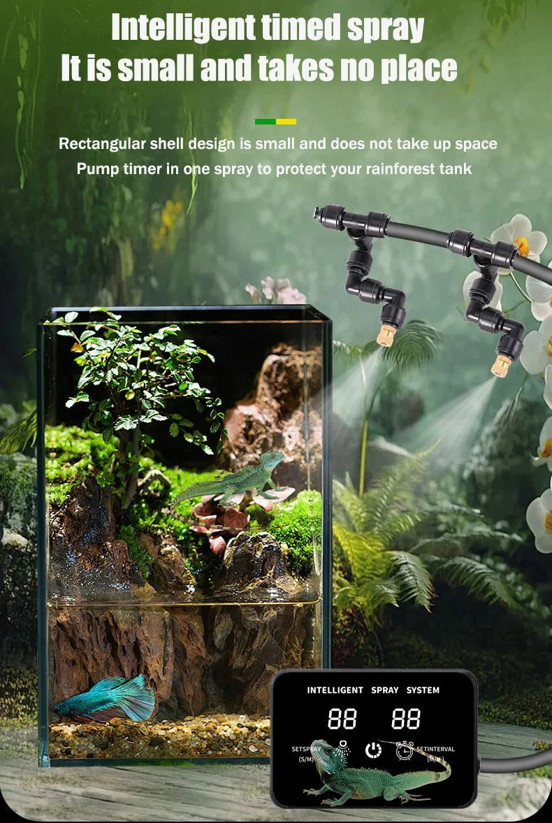 Smart spray irrigation timer system for terrariums with rectangular pump and misting bars