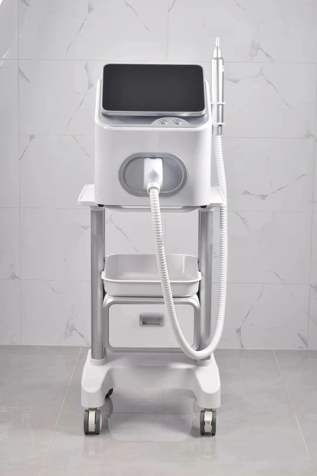 Portable 4000W Nd:YAG Picosecond laser tattoo removal machine in white with touch screen, laser probe, and rolling cart.