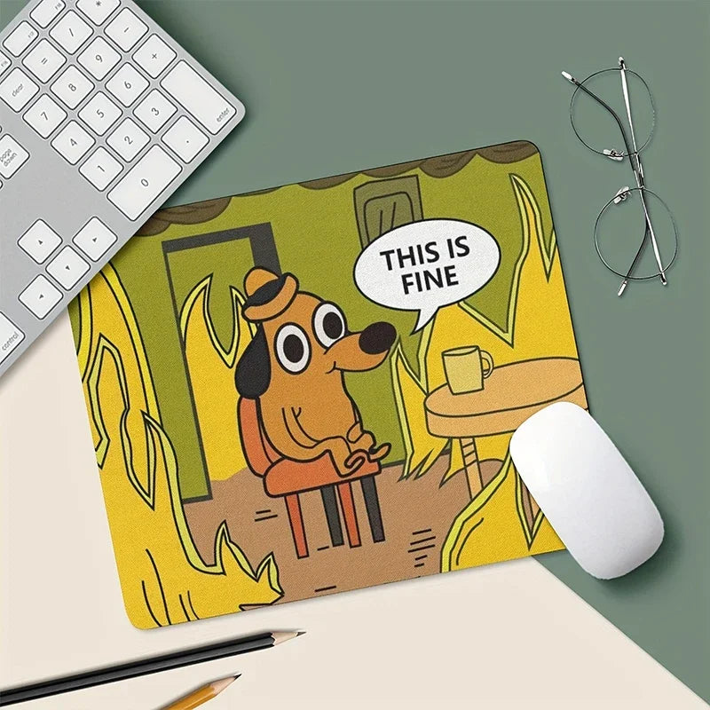 "This is Fine" dog meme mouse pad, non-slip rubber computer mat for office desk decor and smooth gaming precision.