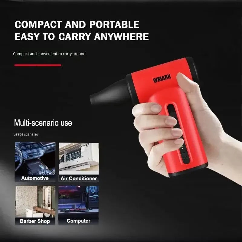 WMARK cordless red handheld dust blower with nozzle for travel, hair styling, home, and electronics cleaning.