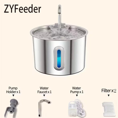 2.2L stainless steel pet water fountain with pump and water tube components