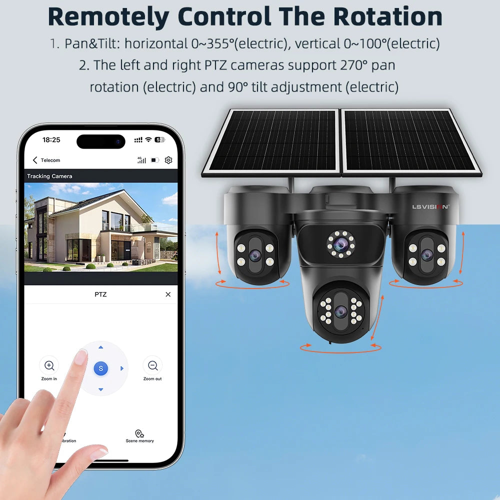 LS VISION 20MP 4 Screen 4G AOV  Solar Camera 12X Zoom 3 PTZ 360° 24/7 Video Recording  AI Humanoid Auto Tracking CCTV IP Camera