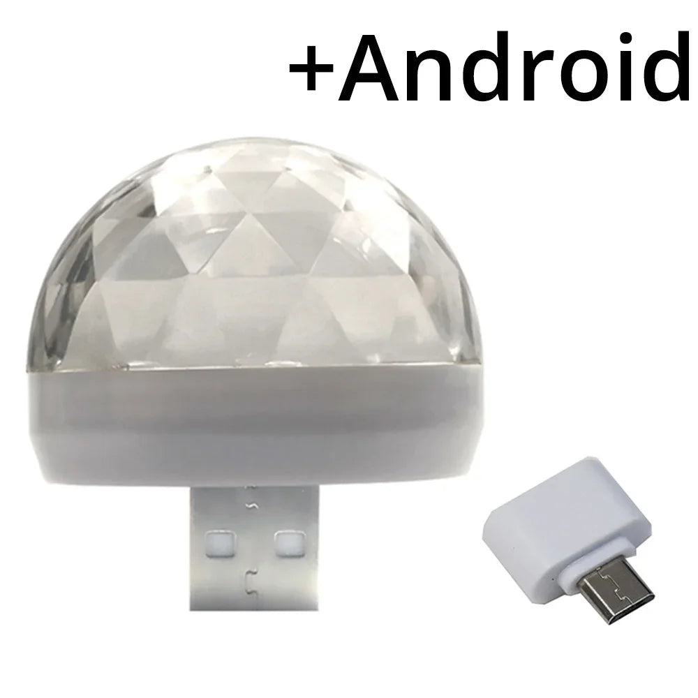 Clear crystal disco ball USB light with a white base and a separate micro-USB adapter for Android device connection.