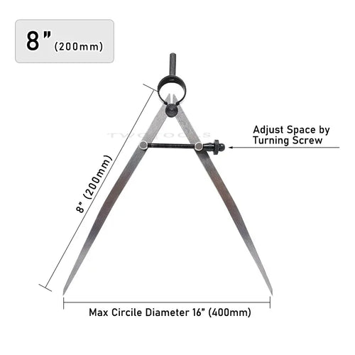 8-inch adjustable divider compass caliper with black turn screw and pointed legs for layout
