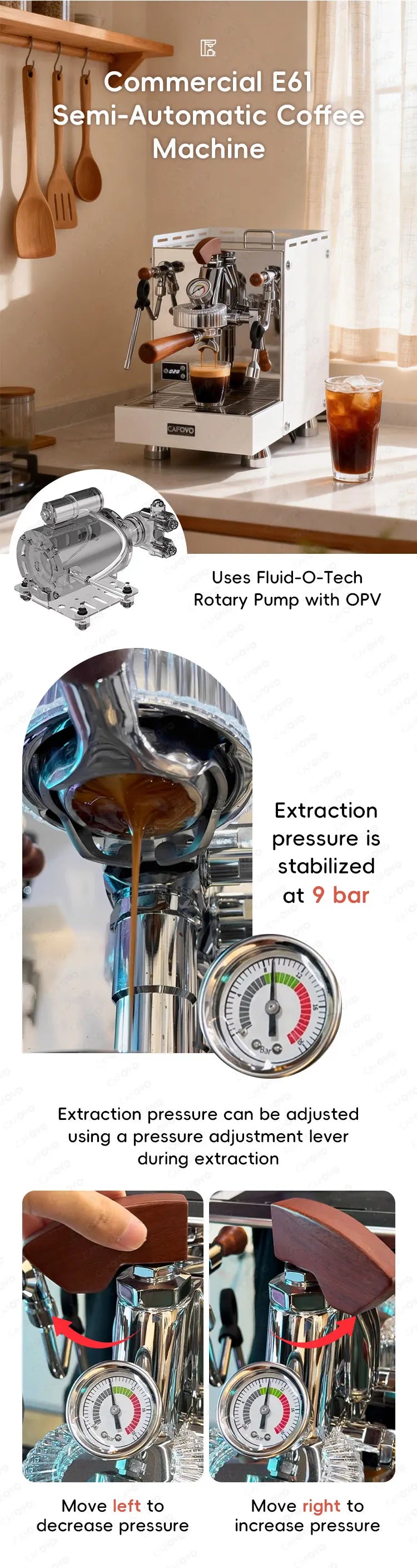Capovon white E61 semi-automatic espresso machine with chrome finish, wooden handles, and pressure adjustment lever.
