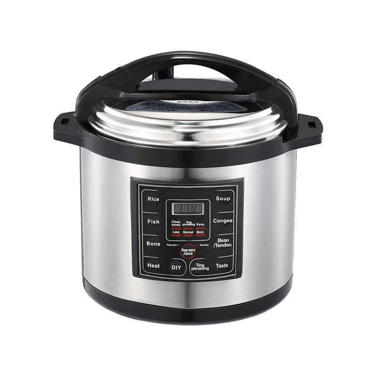 Stainless electric pressure cooker with black lid and front digital menu display