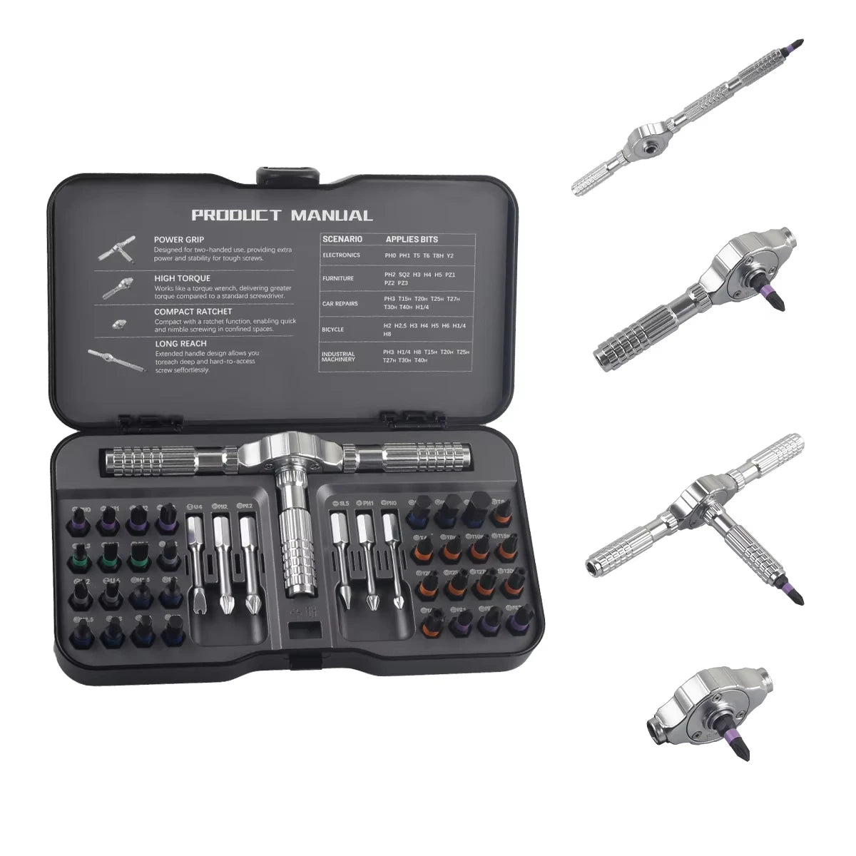 74 In 1 Ratchet Screwdriver Set Magnetic Precision Bit Kit Detachable T Handle Portable Repair Tool for Phone Laptop Computer Eyeglasses Bicycle Electronics DIY Home Maintenance Multi Function Hand Tools Torx Hex Phillips Scr