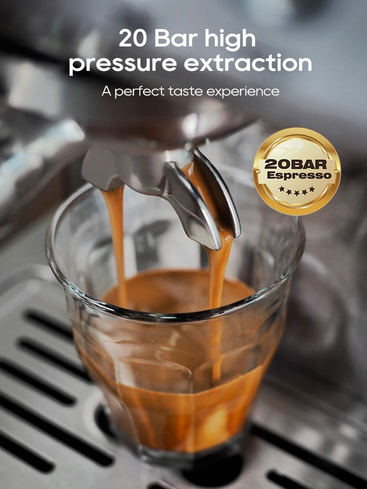 Stainless steel 20-bar espresso machine pouring fresh coffee into a glass cup with 20-bar extraction seal.