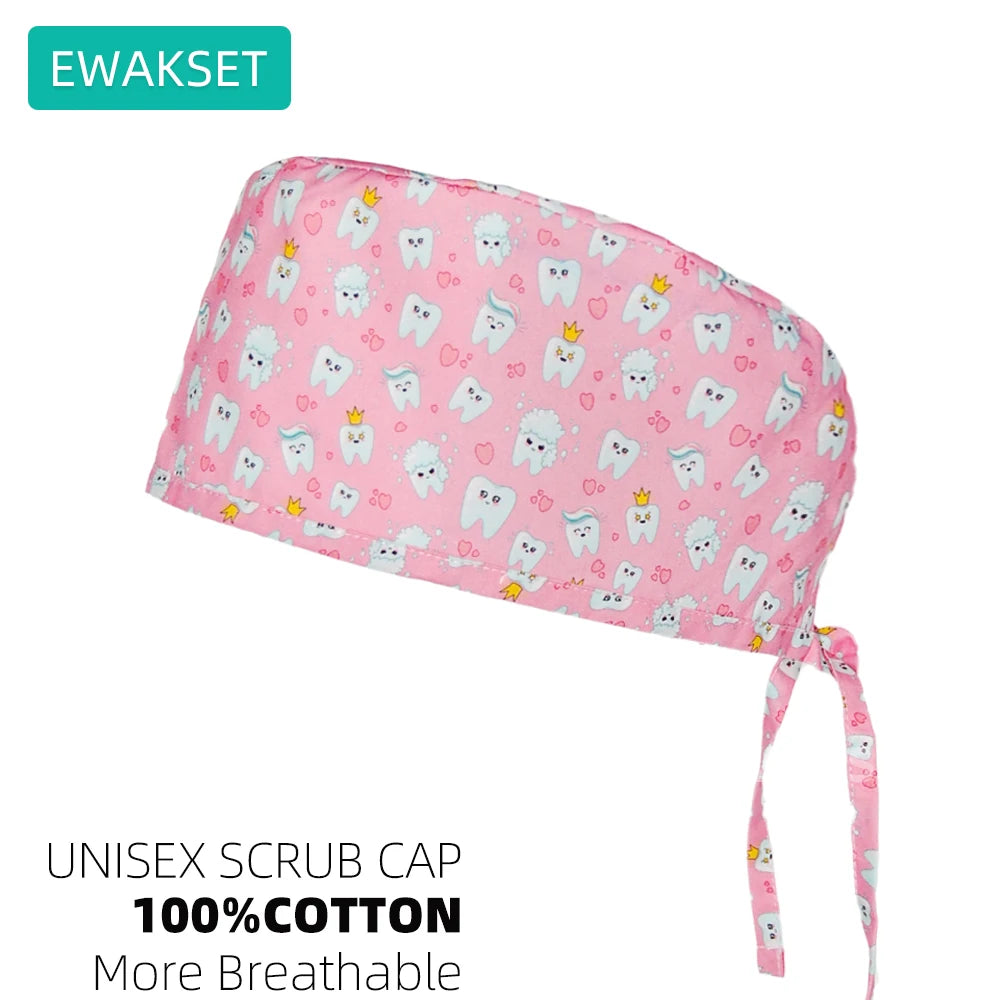 Pink dental-print cotton scrub cap for vets, nurses, and dentists. Adjustable, breathable unisex surgical working hat.