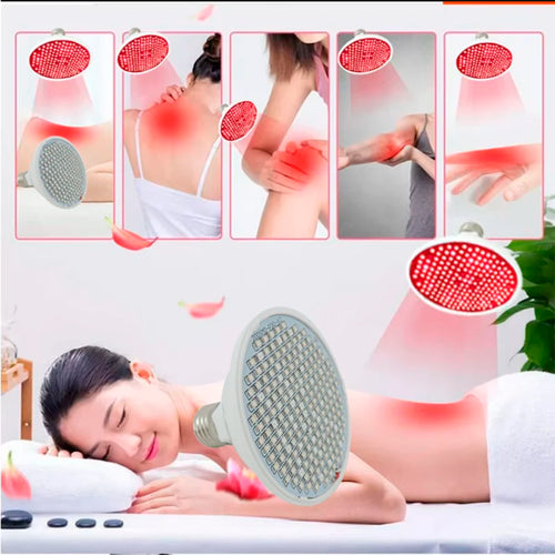 Round LED red light therapy device for pain relief, showing targeted wellness treatment on various body areas.