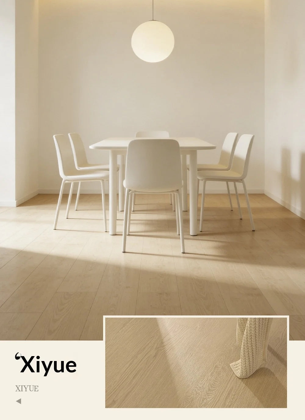 Warm light woodgrain vinyl flooring planks under a dining table