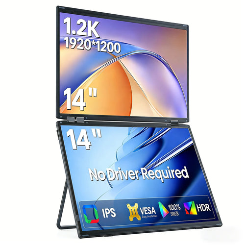 Two stacked 14-inch 1.2K portable monitors with black frames, an integrated stand, and driver-free connectivity.