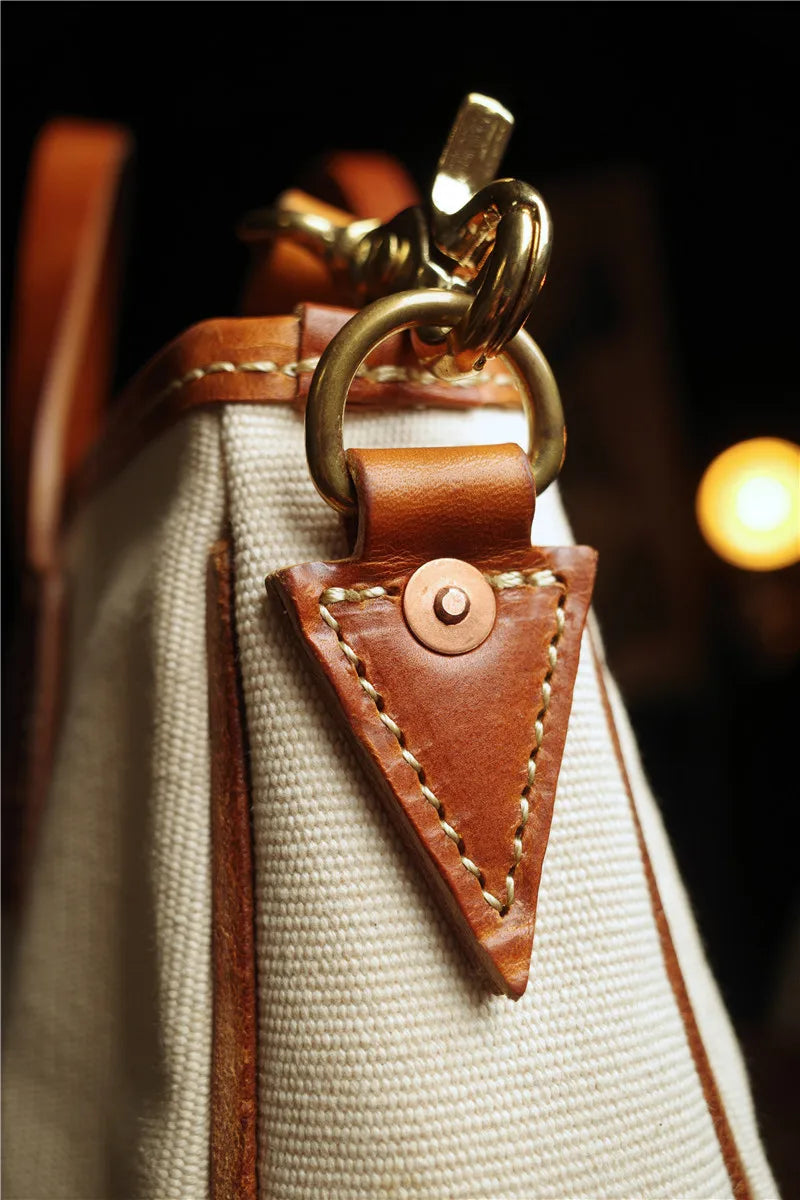 Simple designer handmade thick canvas cow leather men women's handbags outdoor daily work travel large-capacity messenger bag