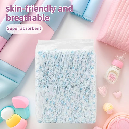 Pack of skin-friendly, breathable baby diapers with cute blue bunny print. High-absorbency baby care essential.