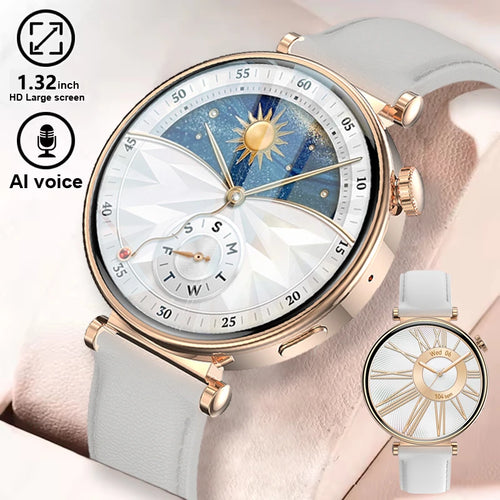 Rose-gold smartwatch with light gray leather strap and blue sun/moon face