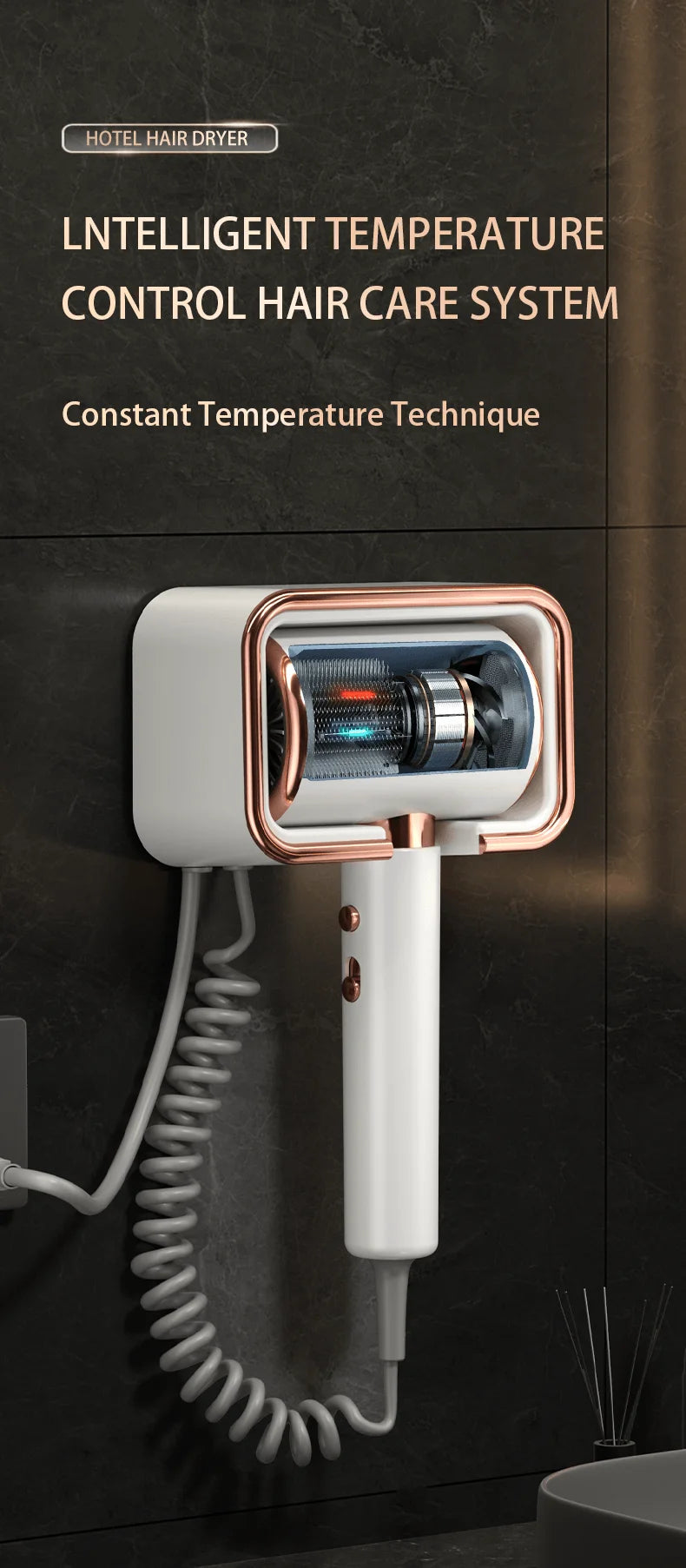 HOMEFISH white & rose gold wall-mounted hair dryer with coiled cord for hotel bathrooms, intelligent temp control.