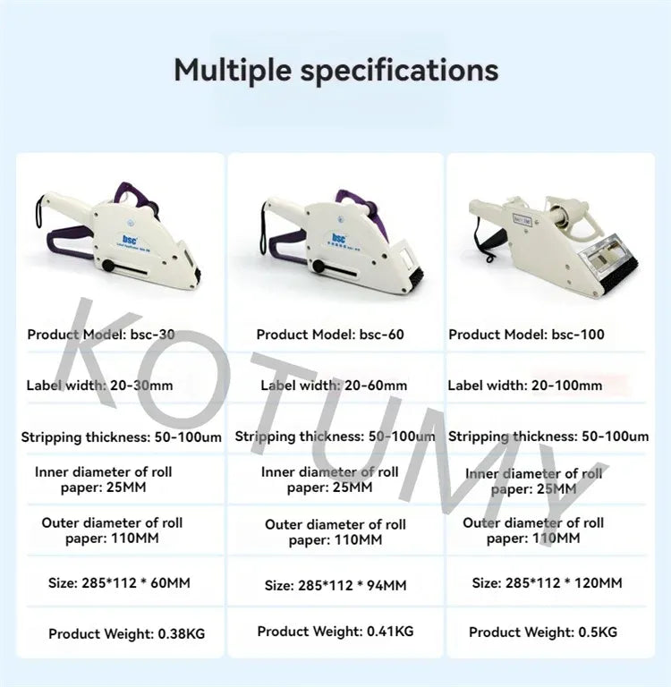 Set of handheld labeling machines, showing white body and purple handle variations