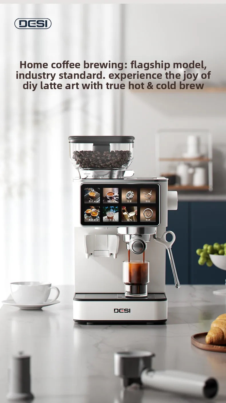 DESI white espresso coffee machine with integrated bean grinder and touchscreen display brewing coffee in kitchen.