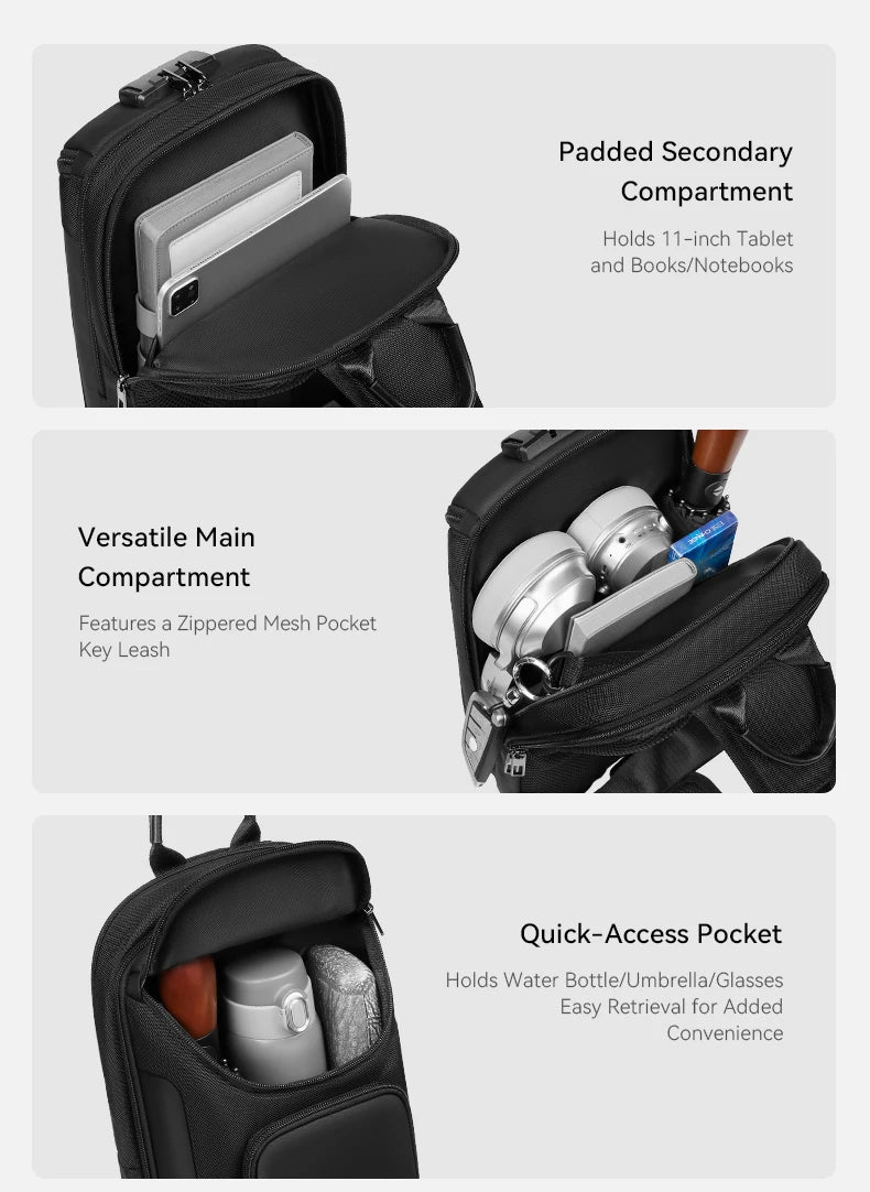 ReeYee N6 6L Sling Chest Bag, Combination Lock Security Crossbody Pack, Unique Design with Smart Organization Compartments