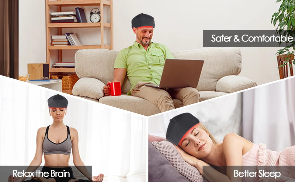 Man and woman wearing a black 650nm LLLT red light therapy hair growth cap for home use while relaxing or working.