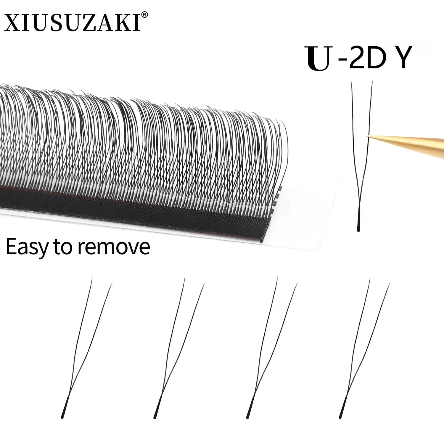 Black 2D Y-shaped eyelash extension clusters on a adhesive strip for professional eyelash application.
