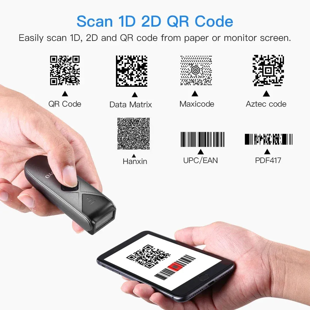 Handheld dark barcode scanner held to scan a phone QR code and barcode