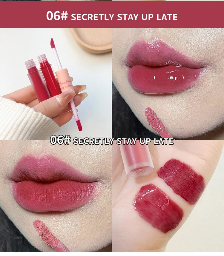 Double-headed lip gloss in deep berry, featuring dual matte velvet and glossy mirror finishes for long-lasting wear.