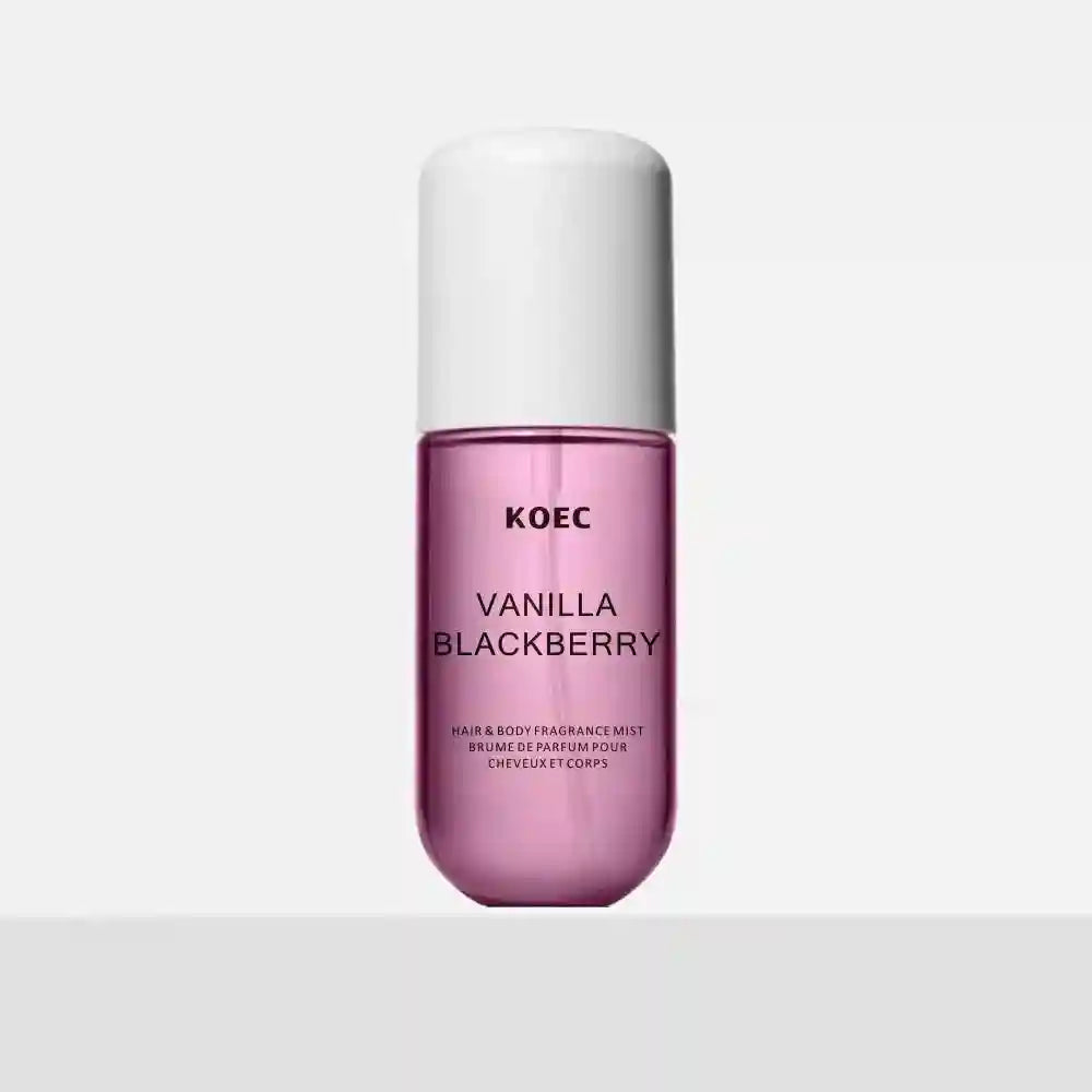 KOEC Vanilla Blackberry 50ml fragrance mist: hydrating hair and body spray in a sleek, rounded purple bottle.