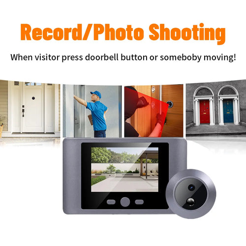 Wireless peephole video doorbell showing photo/video recording on 2.8-inch LCD, gray