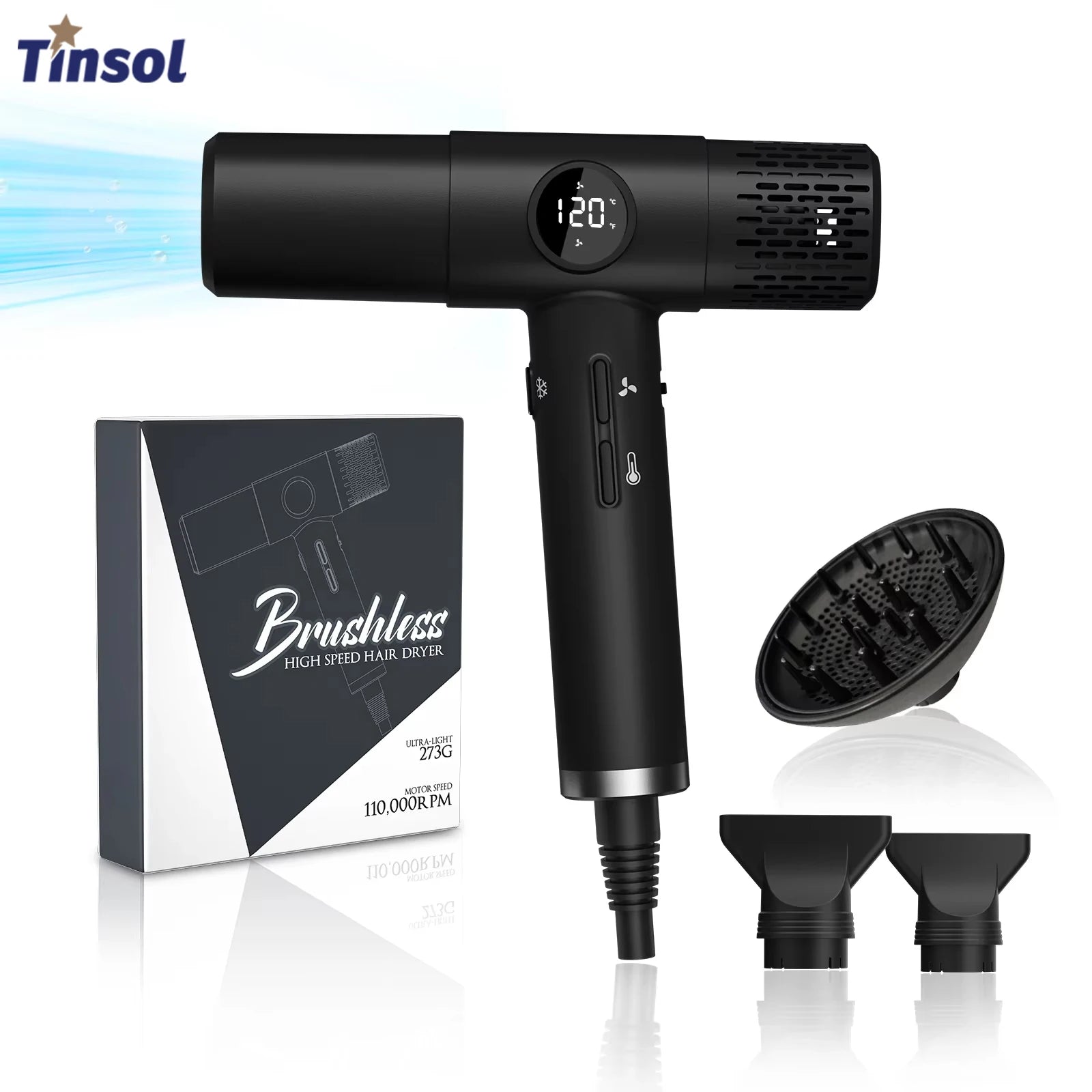 Black TINSOL high-speed professional ionic hair dryer with digital display, diffuser, and two nozzles.