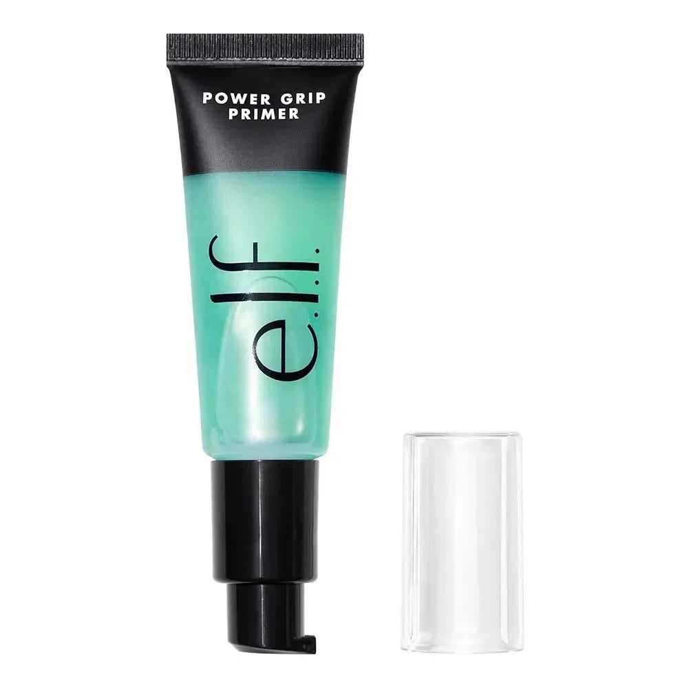 e.l.f. Power Grip Primer in a clear tube with green gel texture, black pump, and clear cap, isolated on white.