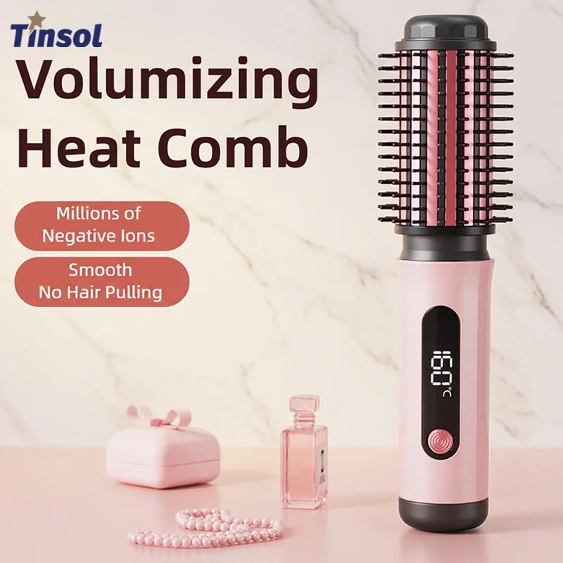TINSOL pink negative ion hot air brush with digital temperature display for smooth, professional hair styling.