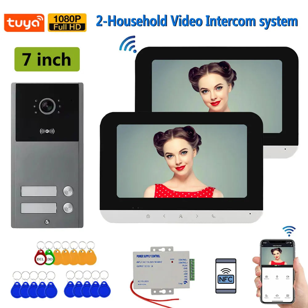 7-inch 2-household video intercom system kit with RFID and indoor monitors