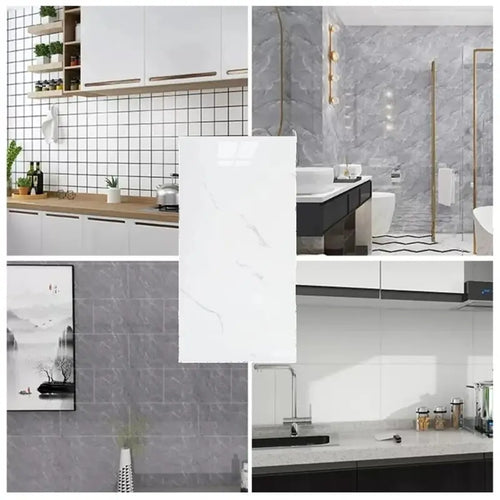Self-adhesive marble tile sticker sheet displayed on kitchen and bathroom surfaces