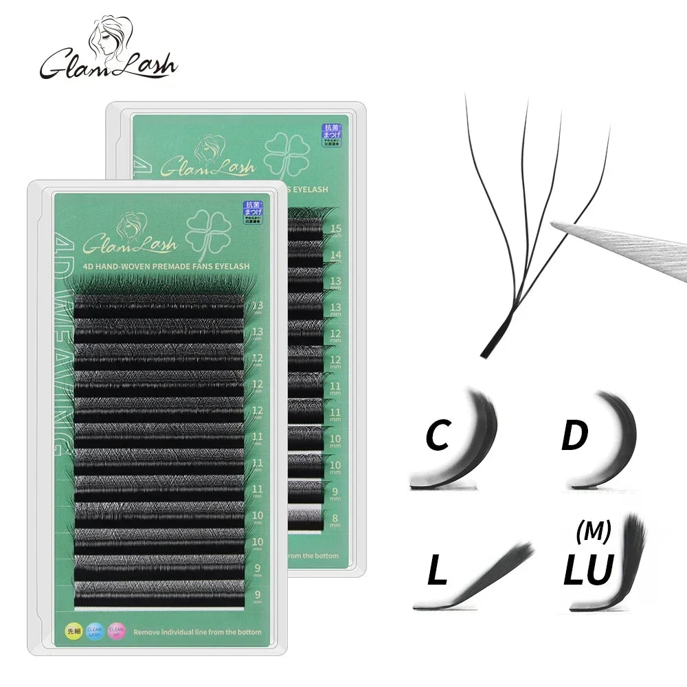 4D premade volume eyelash extension trays with various lengths and curl types, including C, D, L, and LU.