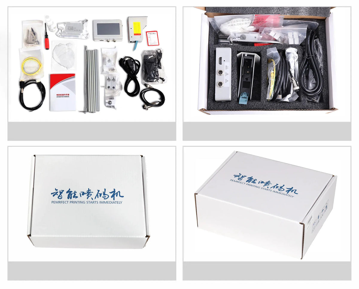 Unboxed electric inkjet printer kit with cables, power supply, and accessories