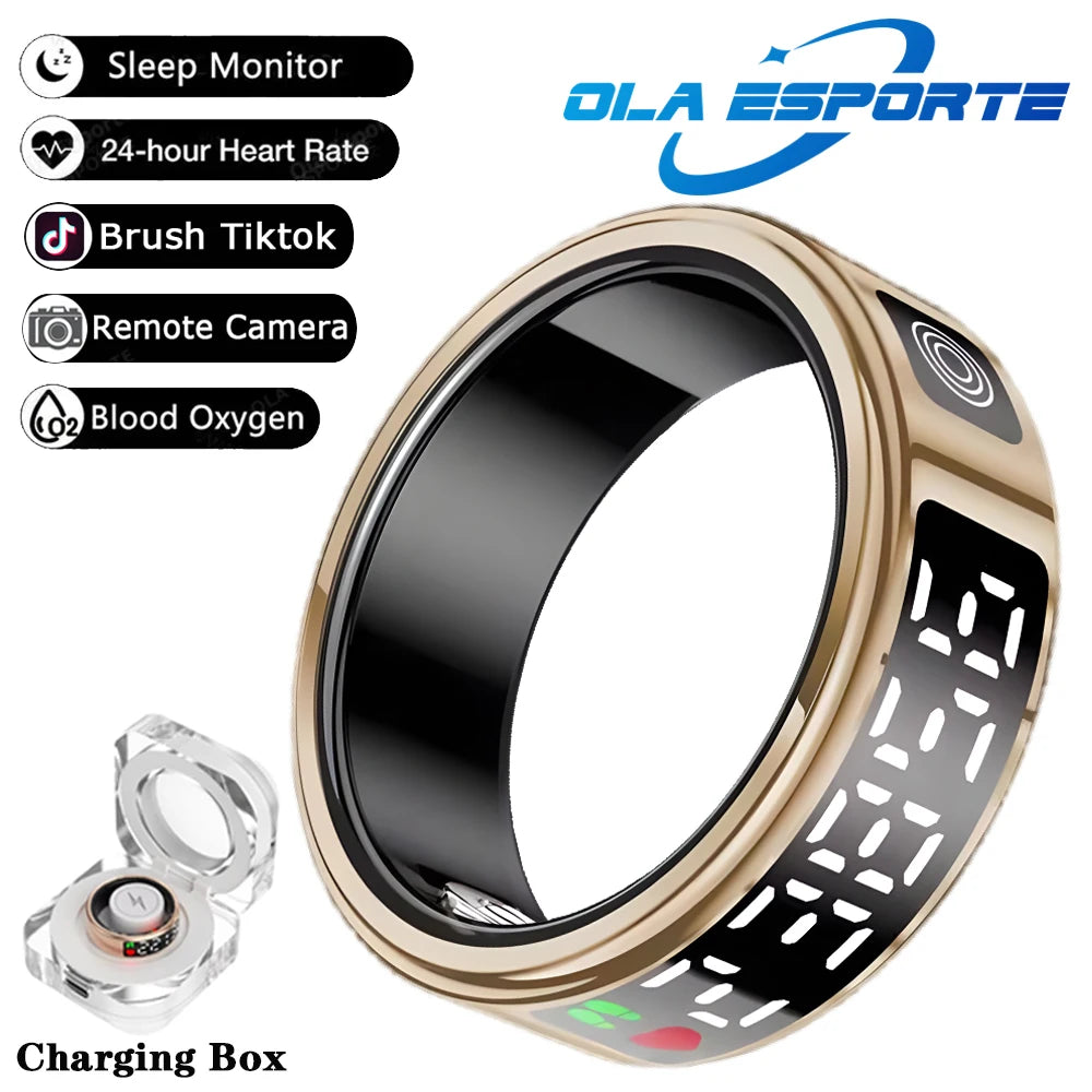 2026 New SR08 Men’s Smart Ring Support Screen Display Health Monitor Gesture Control Multi-Sport Modes 5ATM Waterproof Smartring Case-Gold Tidesmit
