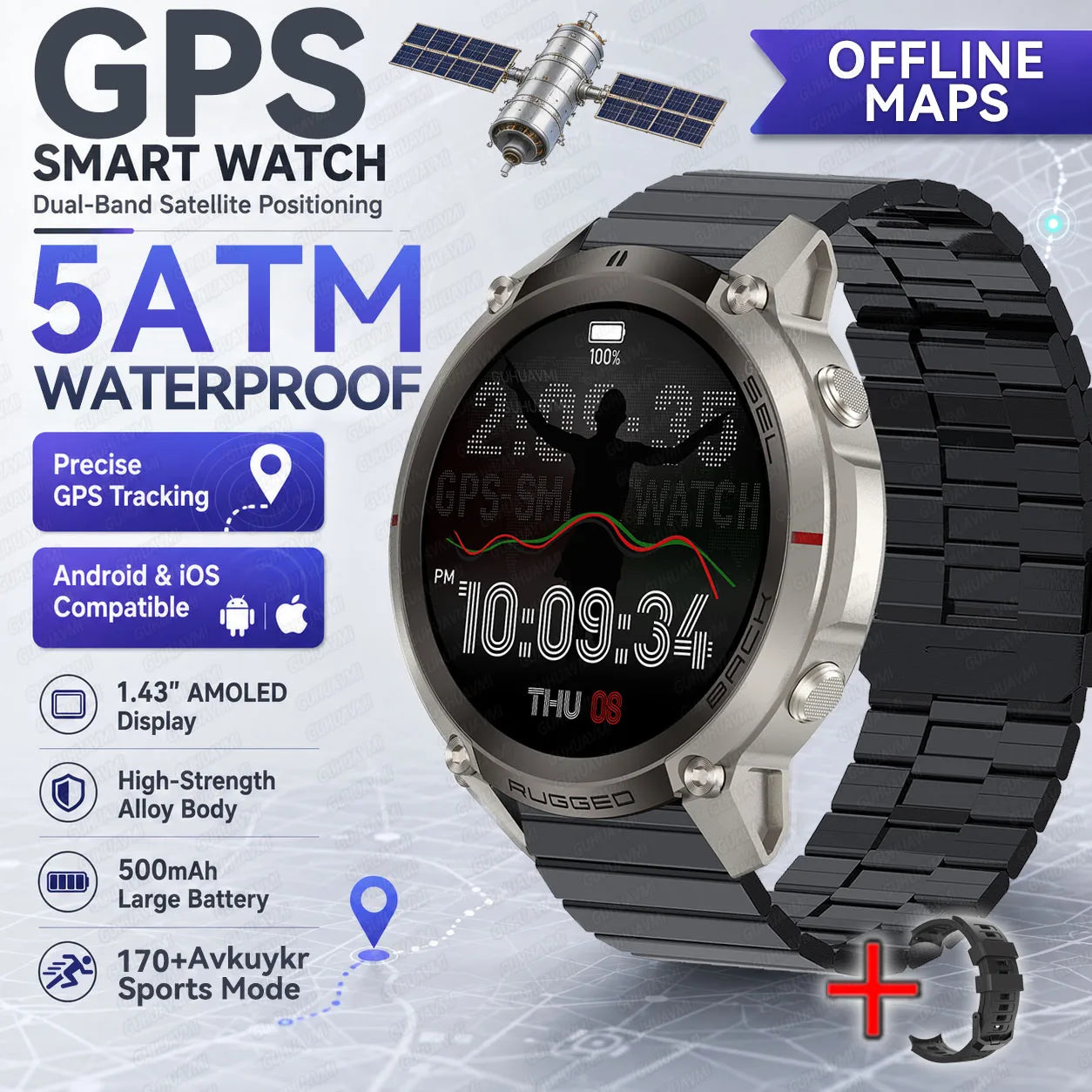 Rugged smartwatch with round silver case, dark AMOLED dial, and black metal strap.