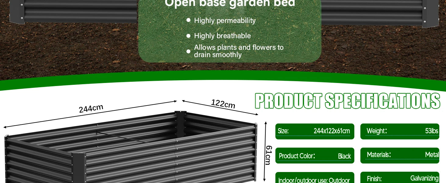 Galvanized metal raised vegetable tray, 240/gallons, open base, rustproof corrugated steel for vegetables, herbs and flowers, quick assembly in 10 minutes for outdoor gardening, patio and yard.
